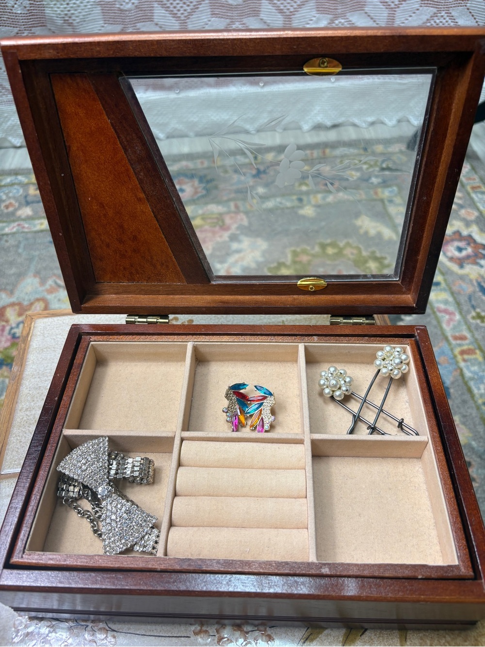 Vintage wooden jewelry box with etched glass lid and velvet-lined compartments